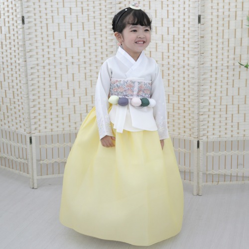 (백일-10호) 소매 꽃자수 아이보리 당의 노랑 치마 전통 여아 아기 한복 유아 DDG02