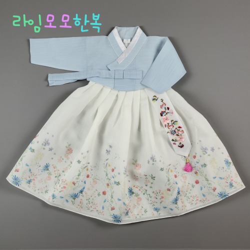 (백일-8호) 꽃무늬 여아한복 유아 아기 돌잔치 명절 어린이집 파스텔 블루 HGG102