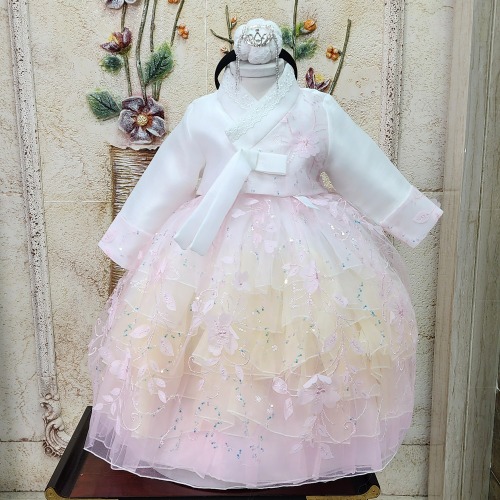 (1-12) 화려한 공주 드레스 레이스 핑크 여아한복 유아 아기 돌잔치 명절 어린이집 OSG518